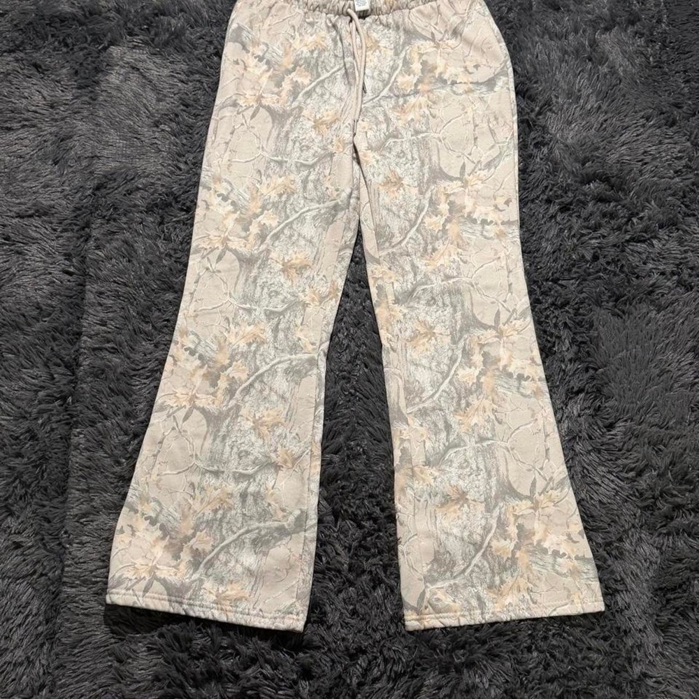 Love Theory Camo Wide Leg Sweatpants Tan Grey Flare Drawstring Lounge Pants